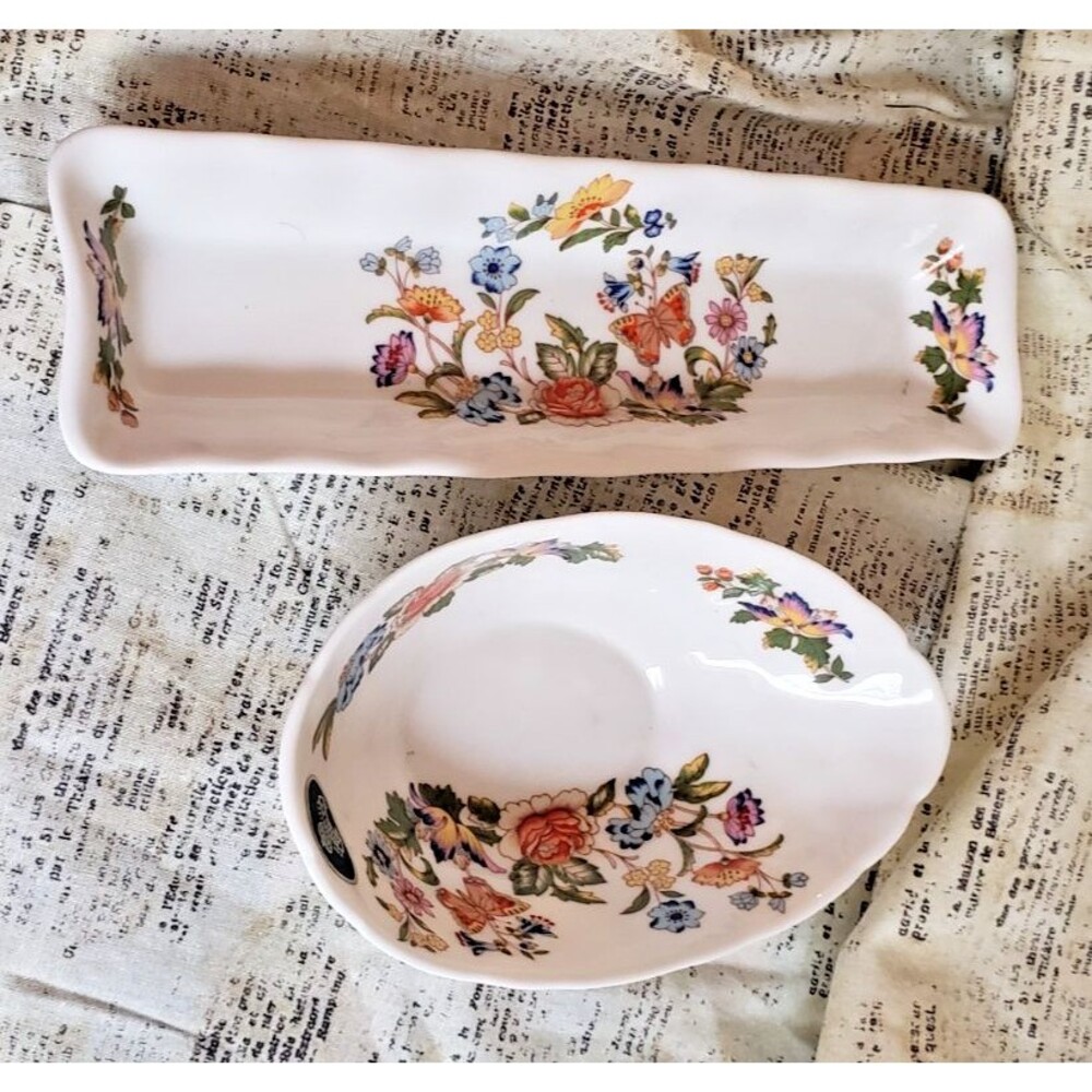 Aynsley Fine Bone China "Cottage Garden" pattern - 2 pcs Long Tray and Oval Dish